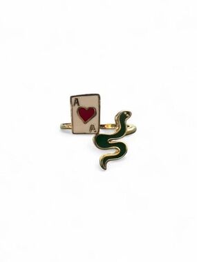 Ace of Hearts & Green Snake Gold-Tone Enamel Adjustable Ring